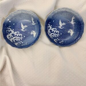 Vintage Japanese Seidō Porcelain Bowls Set of 2 Blue & White Crane/Wave Motif